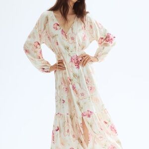Floral Long Sleeve Dress Tie-Belt Crepe Dress H&M